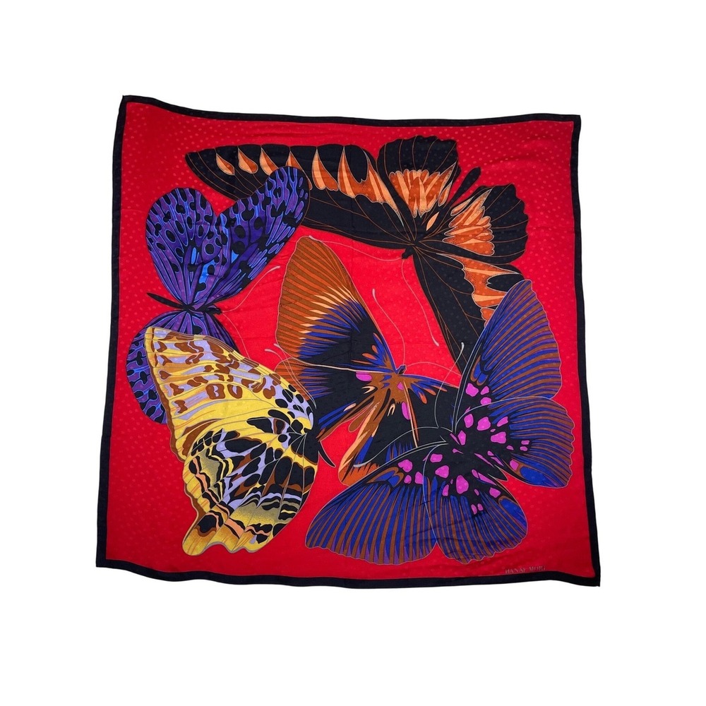 VTG Hanae Mori Silk Scarf Butterfly Large Red Purple Yellow Hand Rolled 34"